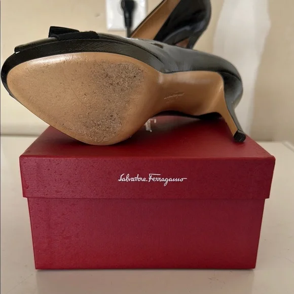 Salvatore Ferragamo Black Patent Leather Peep-Toe Heels - Picture 3 of 6